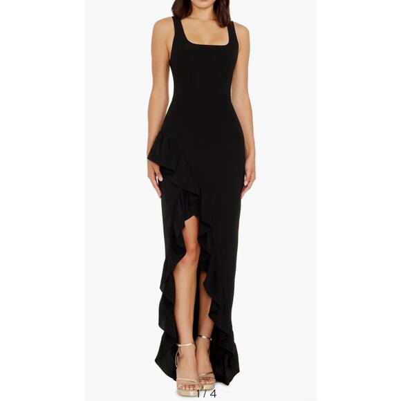 Dress the Population Dresses & Skirts - Dress the Population Black Sleeveless Midi Dress High Slit Ruffle Hem Sz Medium